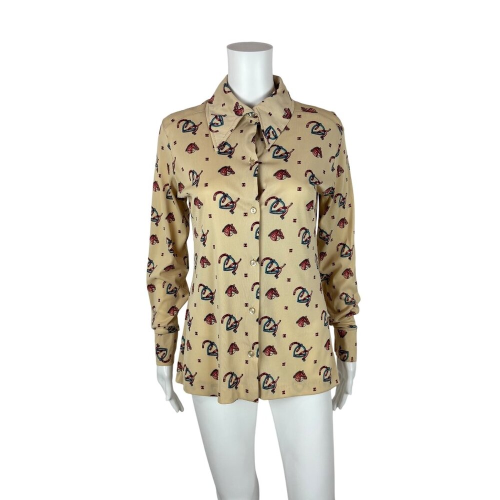 Vintage 70s Western Shirt Women's M Horse Head Shoes Novelty Print Long Sleeve